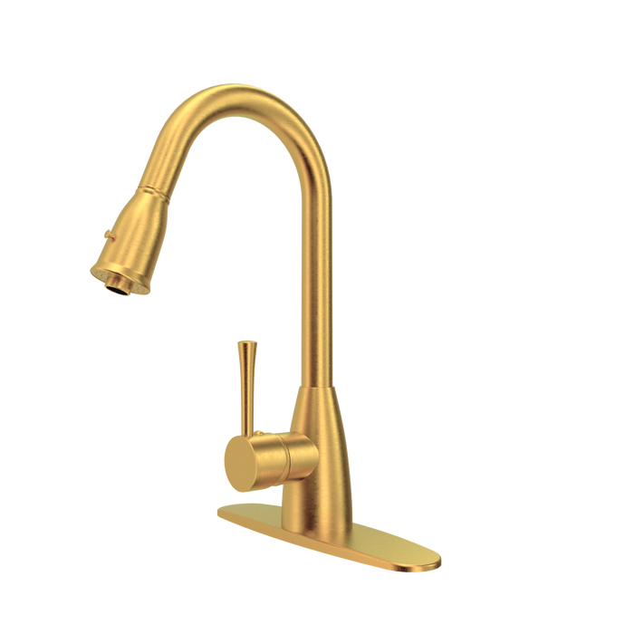 Brushed Gold Pull Out Kitchen Faucet with Deck Plate, Single Level Solid Brass Kitchen Sink Faucets with Pull Down Sprayer - AK455BTG