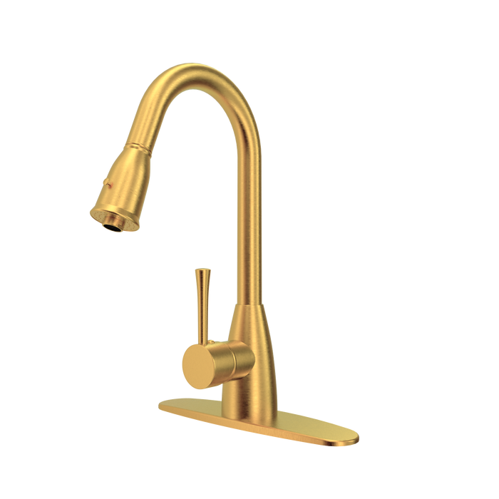 Brushed Gold Pull Out Kitchen Faucet with Deck Plate, Single Level Solid Brass Kitchen Sink Faucets with Pull Down Sprayer - AK455BTG
