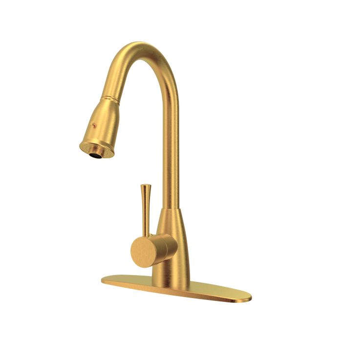 Brushed Gold Pull Out Kitchen Faucet with Deck Plate, Single Level Solid Brass Kitchen Sink Faucets with Pull Down Sprayer - AK455BTG