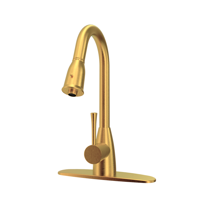 Brushed Gold Pull Out Kitchen Faucet with Deck Plate, Single Level Solid Brass Kitchen Sink Faucets with Pull Down Sprayer - AK455BTG
