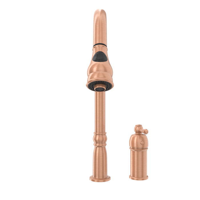 Copper Kitchen Faucet with in-Deck Handle and Soap Dispenser, Single Handle Solid Brass High Arc Pull Down Sprayer Head Kitchen Sink Faucet