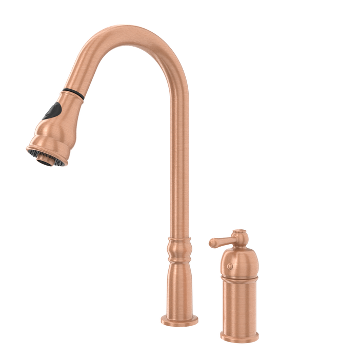 Copper Kitchen Faucet with in-Deck Handle and Soap Dispenser, Single Handle Solid Brass High Arc Pull Down Sprayer Head Kitchen Sink Faucet