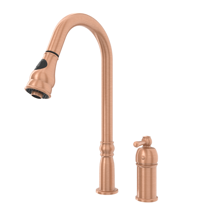 Copper Kitchen Faucet with in-Deck Handle and Soap Dispenser, Single Handle Solid Brass High Arc Pull Down Sprayer Head Kitchen Sink Faucet