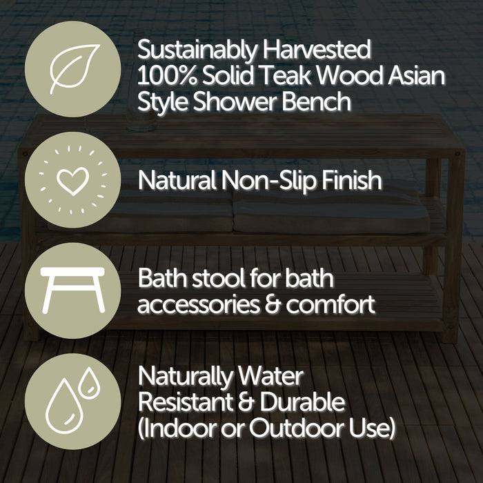 Savannah Natural Teak Shower and Spa/Bathroom/Outdoor - Storage Bench with Shelves- 28" or 40"