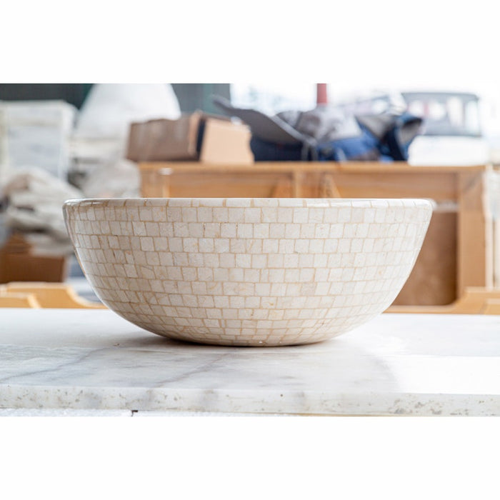 Botticino Marble Mosaic Natural Stone Round Above Vanity Vessel Sink Semi-polished CM-B-016-B