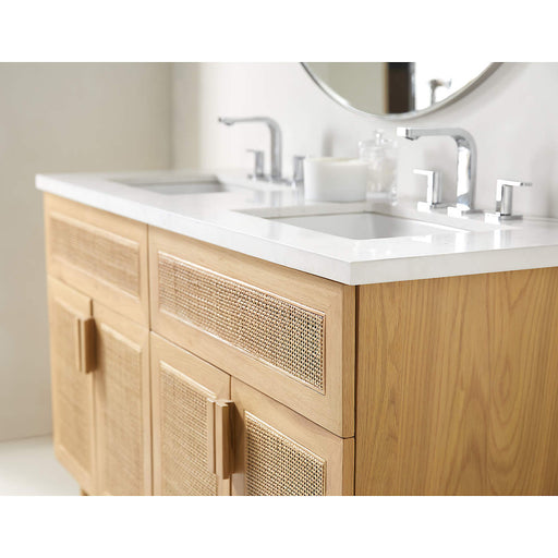 Eli 60" White Marble Top Double Sink Vanity with Cane and Natural Oak Wood Doors 162343 - Farmhouse Kitchen and Bath