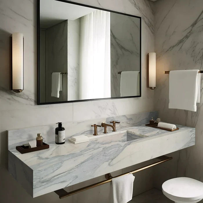 Calacatta Olivia Marble Wall-Mount Bathroom Sink with 8 Inch Backsplash 16 x 60