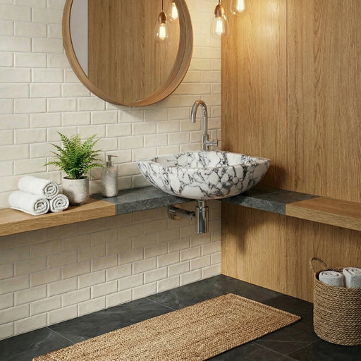Modern bathroom with wooden walls, marble sink, and decorative elements. Calacatta Viola Marble Wall-Mount Bathroom Corner Vanity Sink (W)12" (L)12" (H)6"