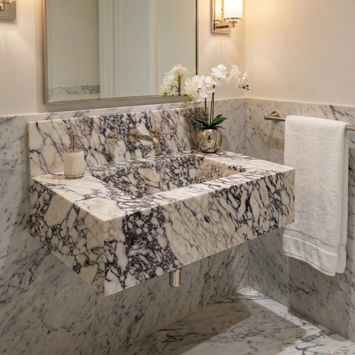 Calacatta Viola Marble Rectangular Wall-mount Bathroom Sink with 8" Backsplash (W)21" (L)34" (H)10"