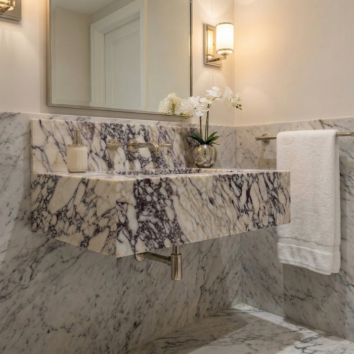 Calacatta Viola Marble Rectangular Wall-mount Bathroom Sink with 8" Backsplash (W)21" (L)34" (H)10"
