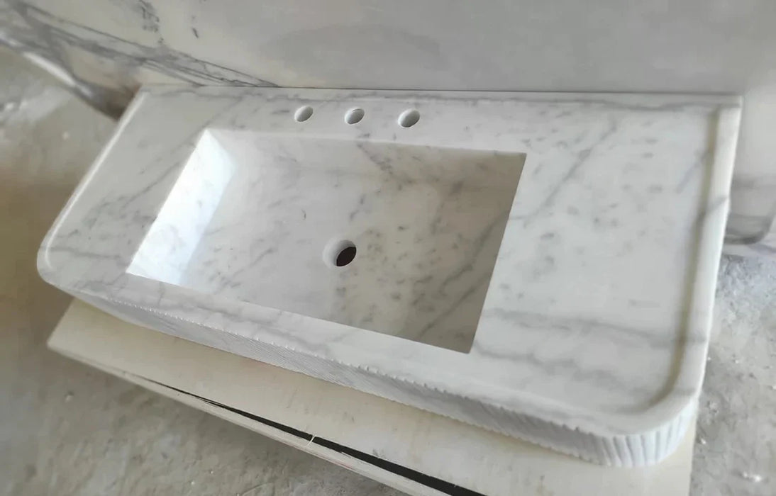 Carrara White Marble Wall Mount Bathroom Vanity - Ribbed Textured 16x38