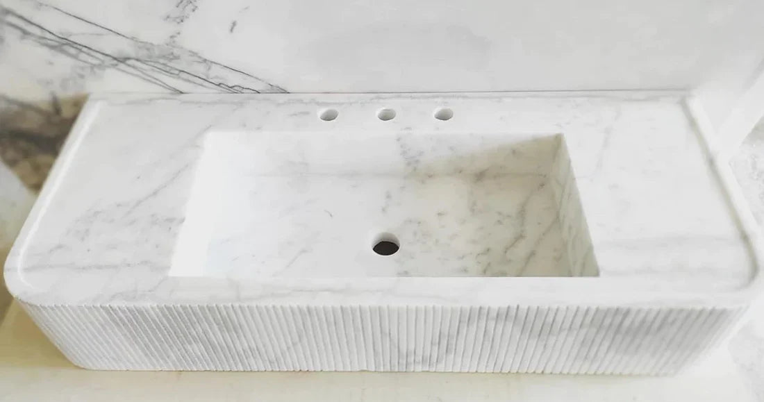 Carrara White Marble Wall Mount Bathroom Vanity - Ribbed Textured 16x38
