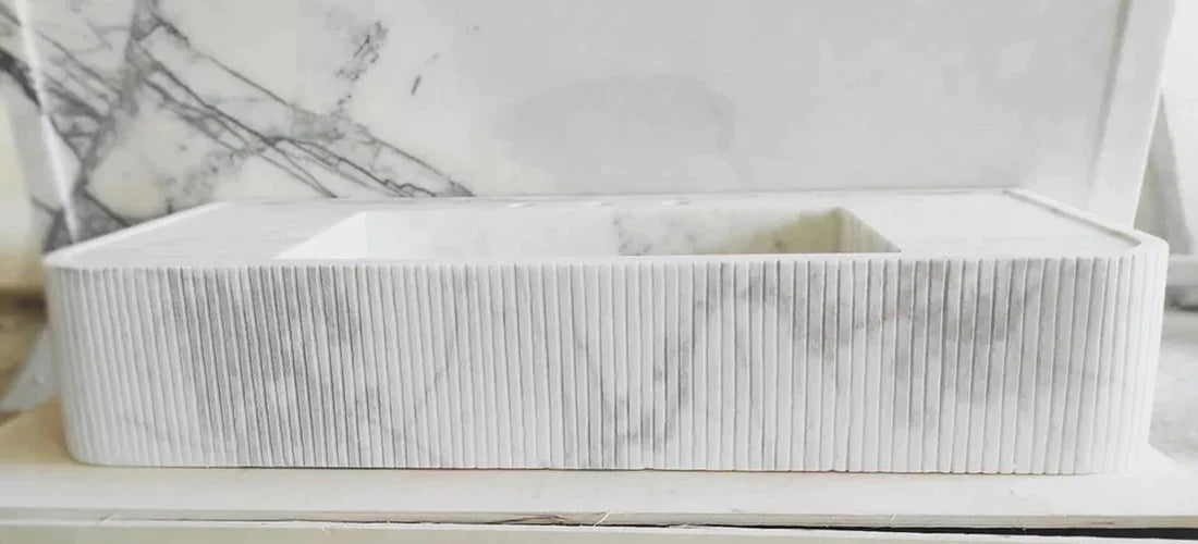 Carrara White Marble Wall Mount Bathroom Vanity - Ribbed Textured 16x38