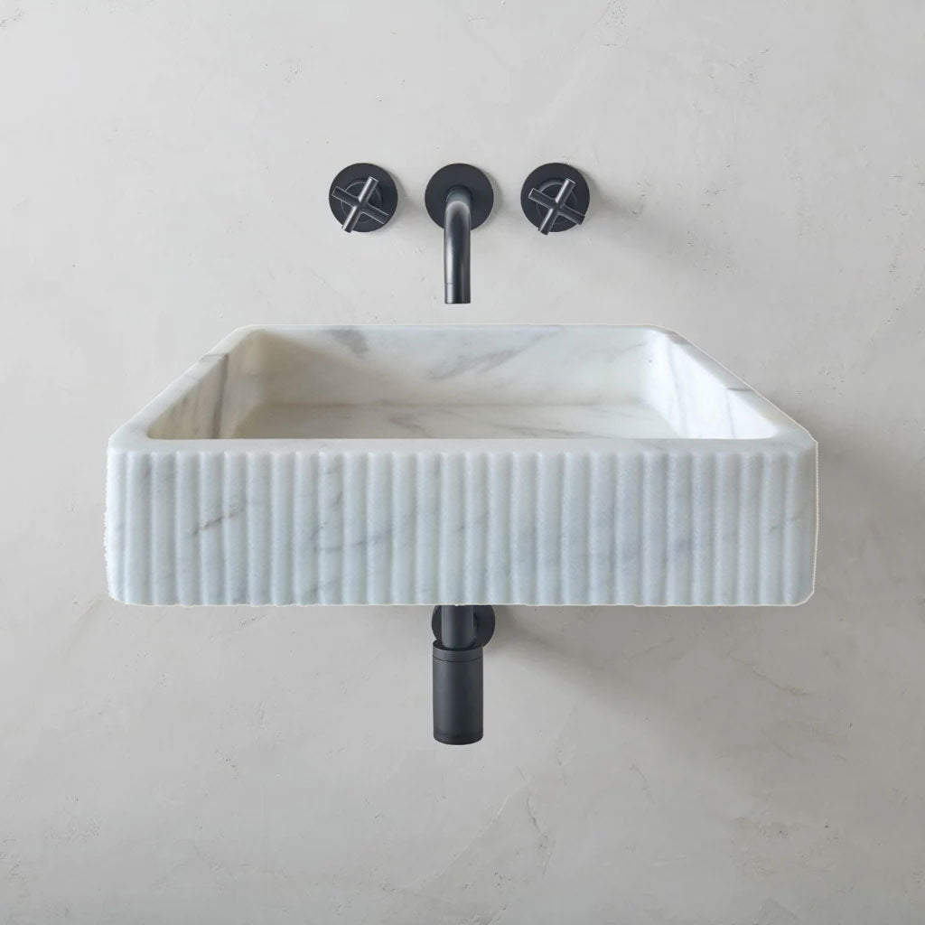 Carrara White Marble Wall-mount Bathroom Sink Ribbed Textured CVRHCW16 ...