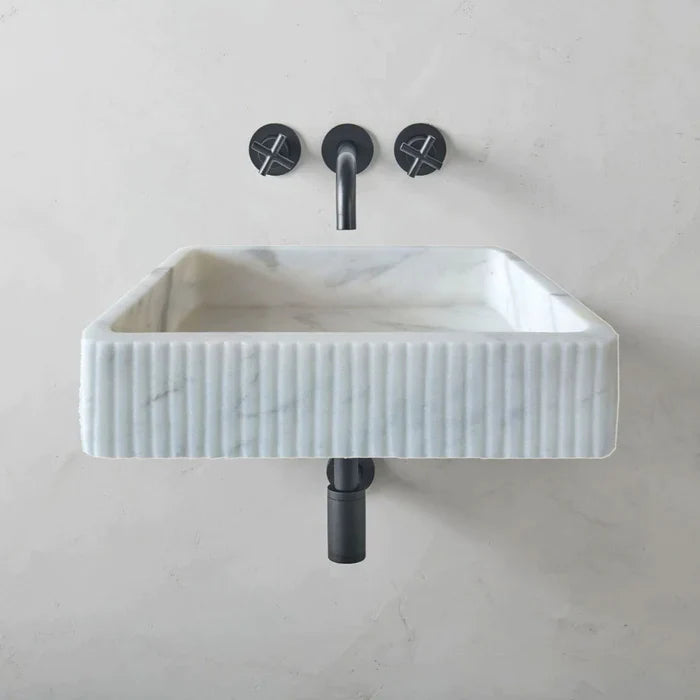 Carrara White Marble Wall-Mount Bathroom Sink - Ribbed Textured 16x24