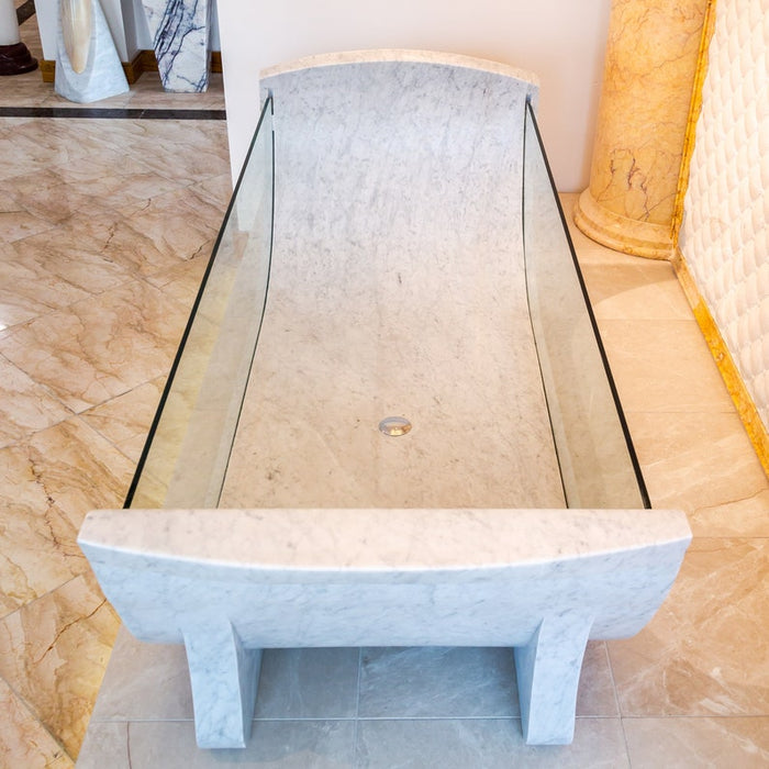 Carrara White Marble Bathtub Strong Tempered Glass Side Walls Polished NTRVS27