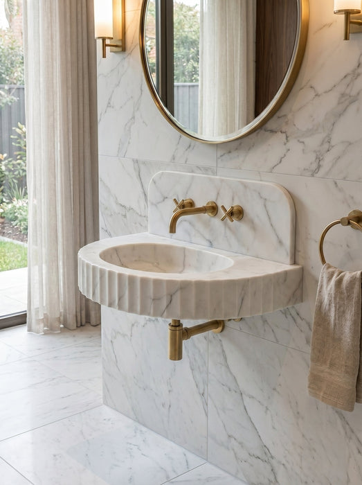 Bathroom with marble wall, sink, and towel. Carrara White Marble Wall-mount Bathroom Sink Fluted Front (W)16" (L)24" (H)6"