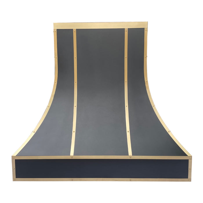 Curved Black Stainless Steel Custom Range Hood with Brass Bands