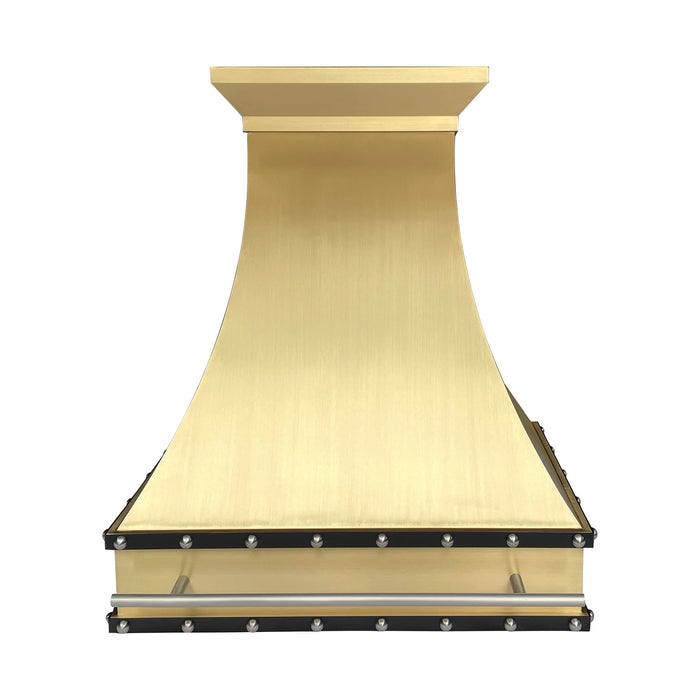 Curved Brushed Brass Custom Range Hood with Black Accents