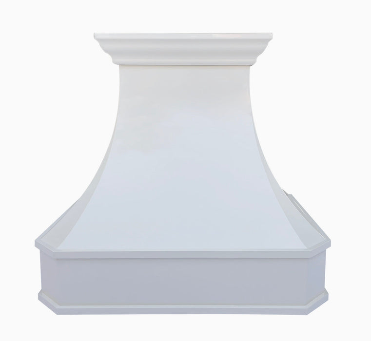 Curved Glossy White Stainless Steel Kitchen Range Hood with Corners and Crown