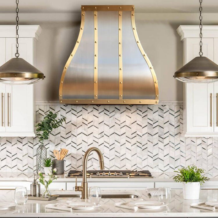 Custom Stainless Steel S-Curve Range Hood with Brass Straps Rivets