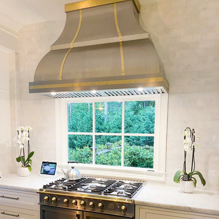 Curved Stainless Steel Custom Range Hoods with Brass Accents