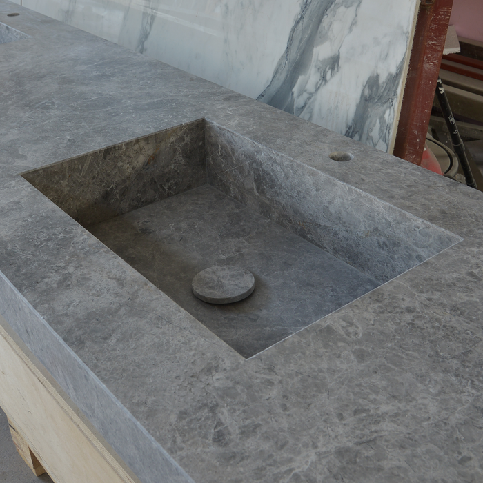 Handcrafted Tundra Grey Marble Double Sink Custom Luxury Spa Master Bathroom Vanity