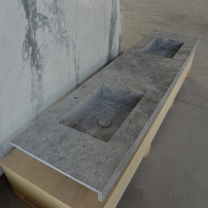 Handcrafted Tundra Grey Marble Double Sink Custom Luxury Spa Master Bathroom Vanity