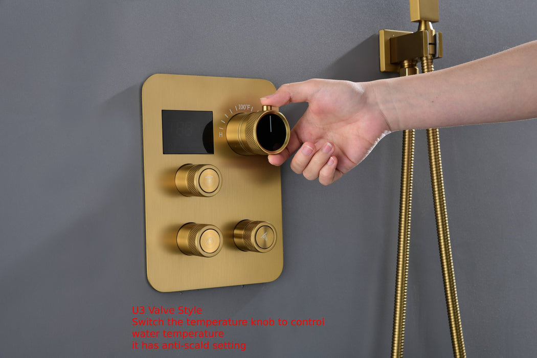 12-inch Or 16-inch Or 6'' Wall-Mount Brushed Gold 3-Way Thermostatic Shower Valve System: Versatile Functionality and Stunning Design