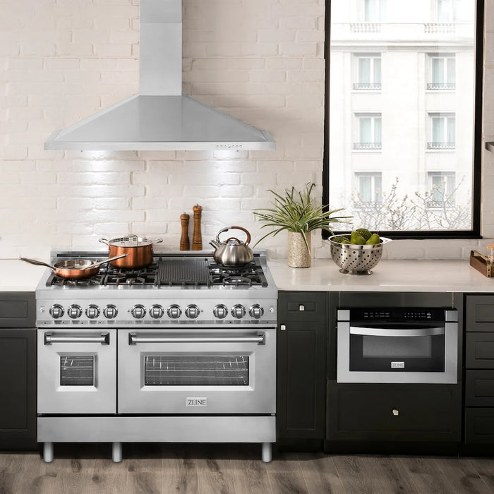ZLINE 48" Bundled Stainless Dual Range, Range Hood, Microwave, 3KP-RARH48-MW