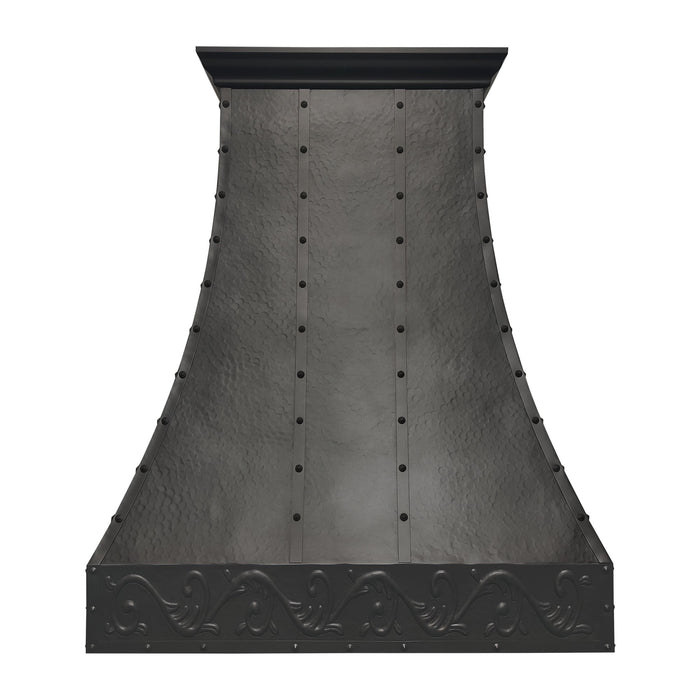 Black Hammered Copper Custom Kitchen Hood with Straps &Rivets