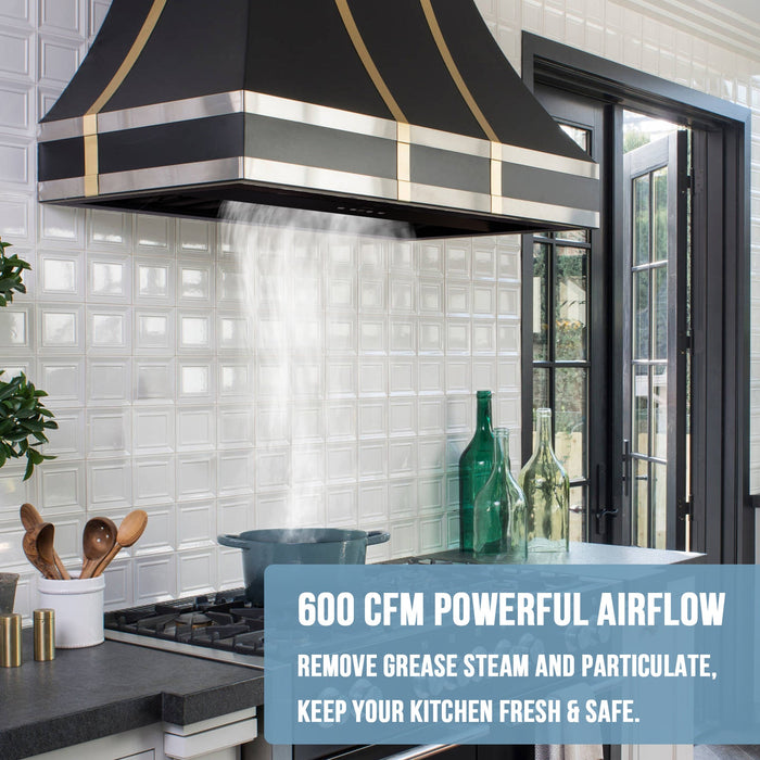 Nauxus 30" Range Hood Insert, Stainless Steel Kitchen Vent Hood with Dimmable LED Lights, 600CFM ， NX-E90-30-MB