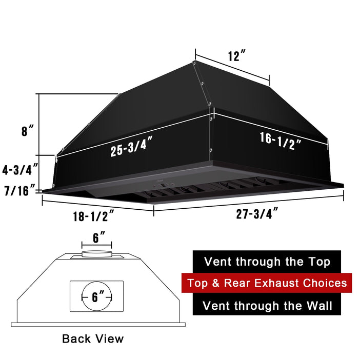 Nauxus 30" Range Hood Insert, Stainless Steel Kitchen Vent Hood with Dimmable LED Lights, 600CFM ， NX-E90-30-MB