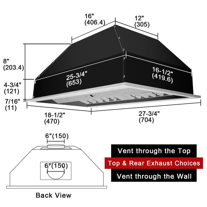 Nauxus 30" Range Hood Insert, Stainless Steel Kitchen Vent Hood with Dimmable LED Lights, 600CFM , NX-E90-30