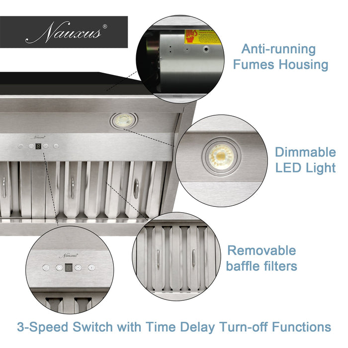 Nauxus 36" Range Hood Insert, Stainless Steel Kitchen Vent Hood with Dimmable LED Lights, 600CFM , NX-E90-36