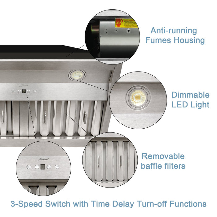 36" Range Hood Insert, Stainless Steel Kitchen Vent Hood with Dimmable LED Lights, 600CFM — NX-E90-36-Warm-SS