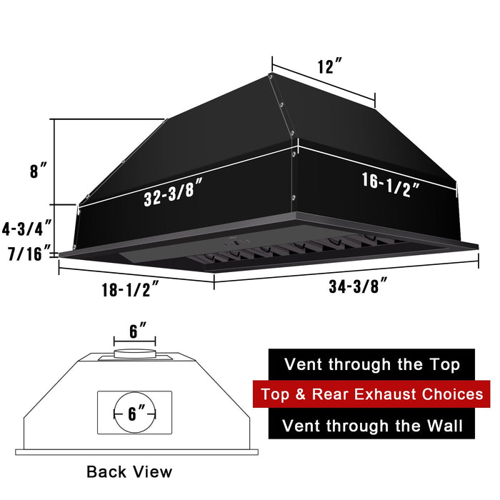 Nauxus 36" Range Hood Insert, Stainless Steel Kitchen Vent Hood with Dimmable LED Lights, 600CFM - NX-E90-36-MB