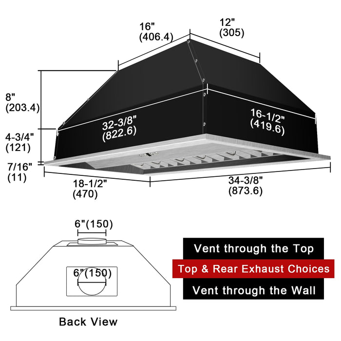Nauxus 36" Range Hood Insert, Stainless Steel Kitchen Vent Hood with Dimmable LED Lights, 600CFM , NX-E90-36