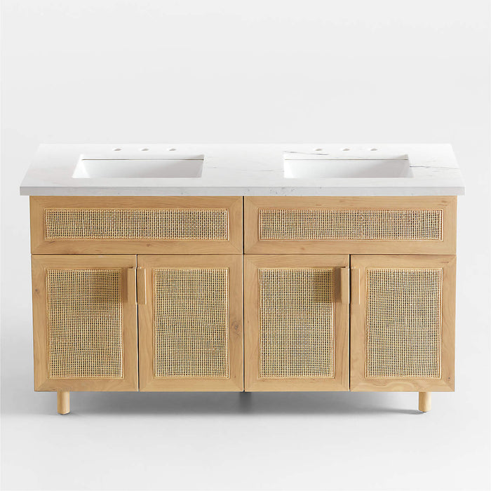 Eli 60" White Marble Top Double Sink Vanity with Cane and Natural Oak Wood Doors 162343