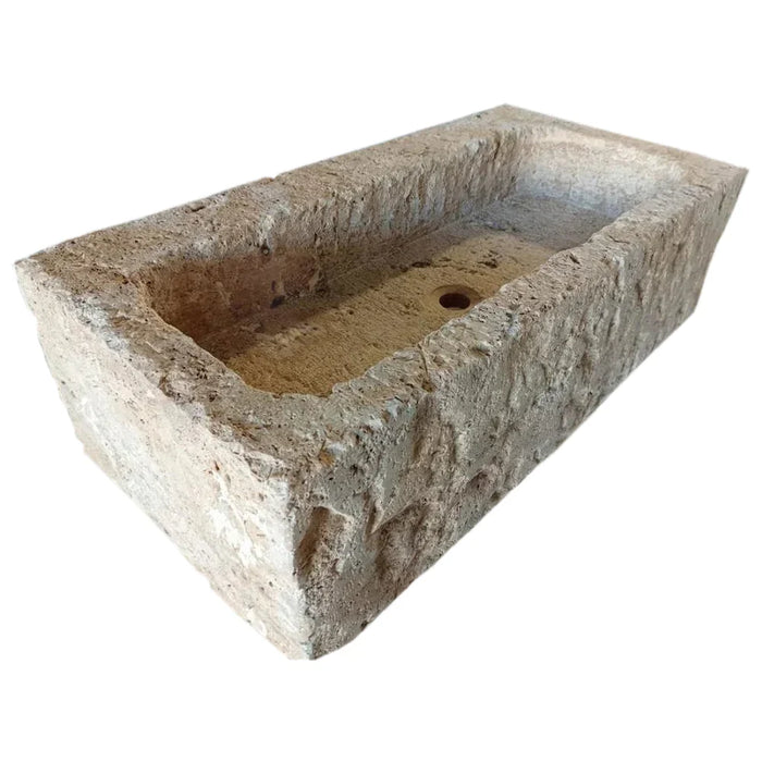Light Travertine Wall-Mount Outdoor Sink - Handcrafted Rustic Old-World 18x28x8