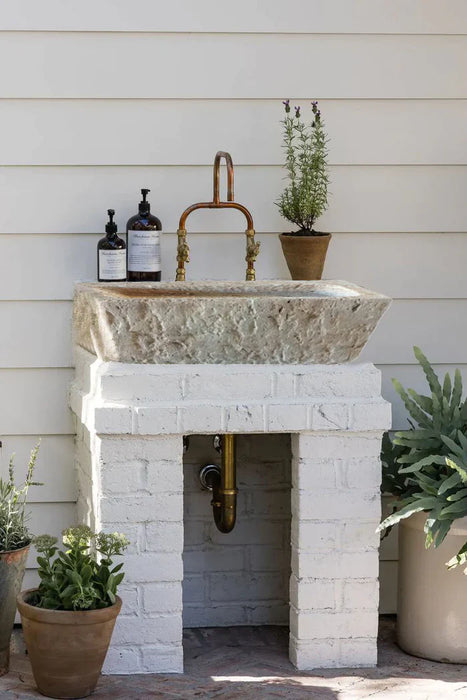 Light Travertine Wall-Mount Outdoor Sink - Handcrafted Rustic Old-World 18x28x8