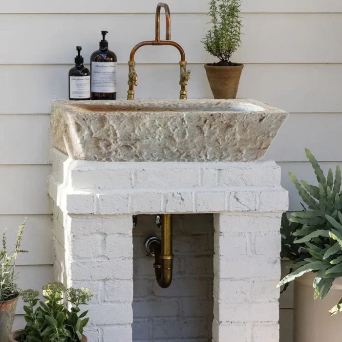 Light Travertine Wall-Mount Outdoor Sink - Handcrafted Rustic Old-World 18x28x8