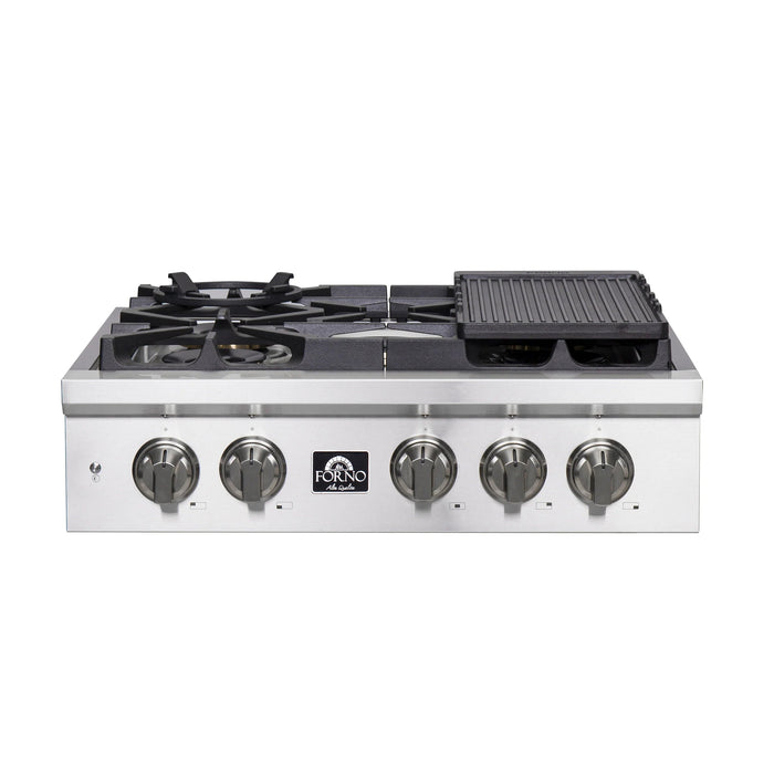 Forno Spezia 30 in. 5 Burner Gas Cooktop with Wok Ring and Griddle in Stainless Steel, FCTGS5751-30 Forno