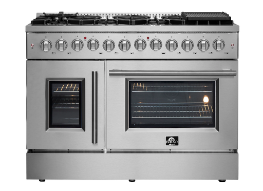 Forno Galiano 48 in. 6.58 cu. ft. Left Swing Door Freestanding Dual Fuel Range with Gas Stove and Electric Oven in Stainless Steel, FFSGS6356-48 - Farmhouse Kitchen and Bath