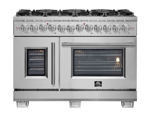 Forno Capriasca 48 in. Left Swing Door Freestanding Dual Fuel Range, Gas Stove, Electric Oven, Stainless Steel, FFSGS6387-48 - Farmhouse Kitchen and Bath