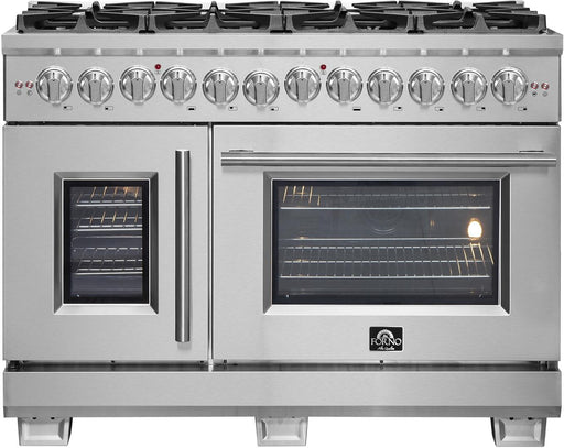Forno Capriasca 48 in. Left Swing Door Freestanding Dual Fuel Range, Gas Stove, Electric Oven, Stainless Steel, FFSGS6387-48 - Farmhouse Kitchen and Bath