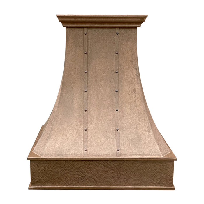 Farmhouse Custom Copper Vent Hood with Bands and Hammered Apron