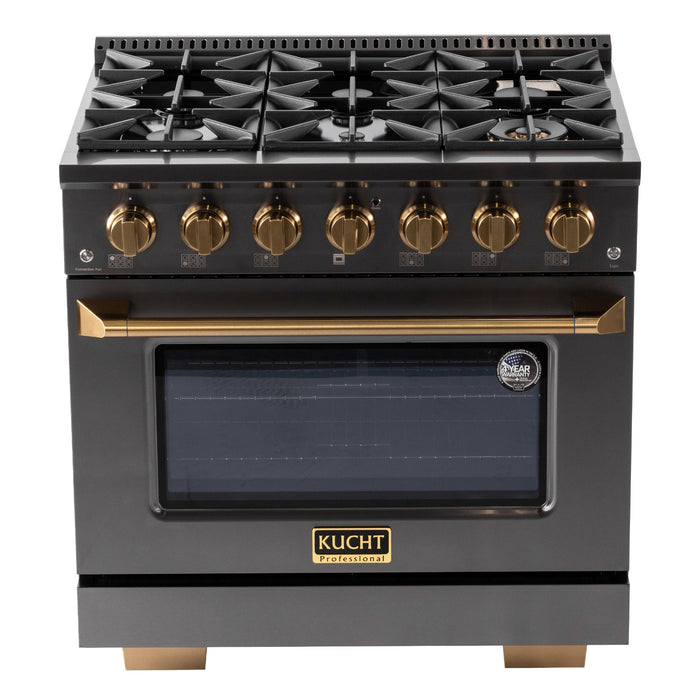 KUCHT Gemstone Professional 36 in. 5.2 cu. ft. Natural Gas Range with Sealed Burners and Convection Oven in Titanium Stainless Steel KEG363 - Farmhouse Kitchen and Bath