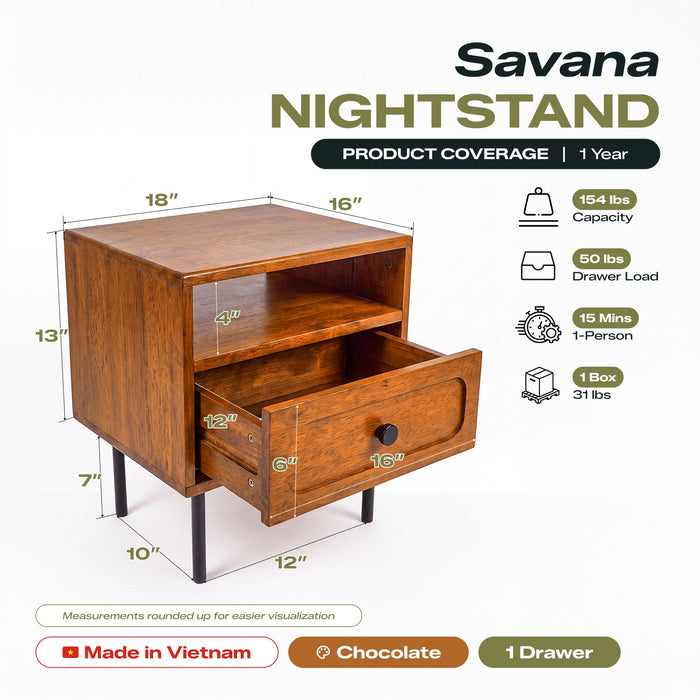 Savana Single Drawer Solid Wood Nightstand