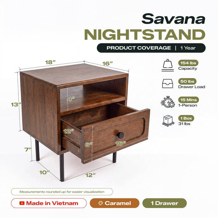 Savana Single Drawer Solid Wood Nightstand